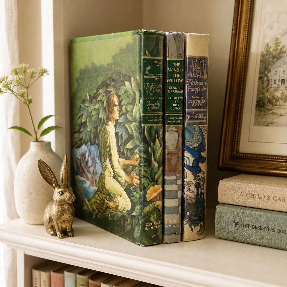 Vintage Illustrated Children's Books Set Wind in the Willows Fairy Tales Decor